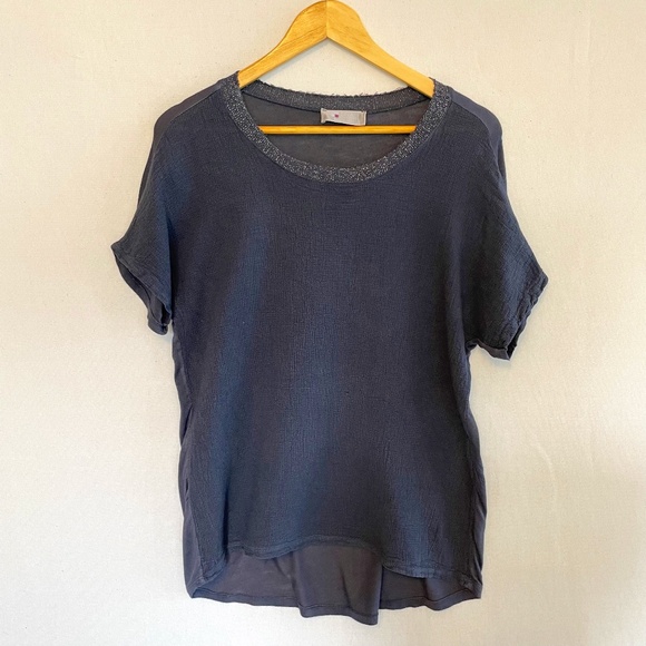 Tina Stevens Linen Cotton Short Sleeve Dark Blue Top One Size Fits Most - Picture 1 of 8